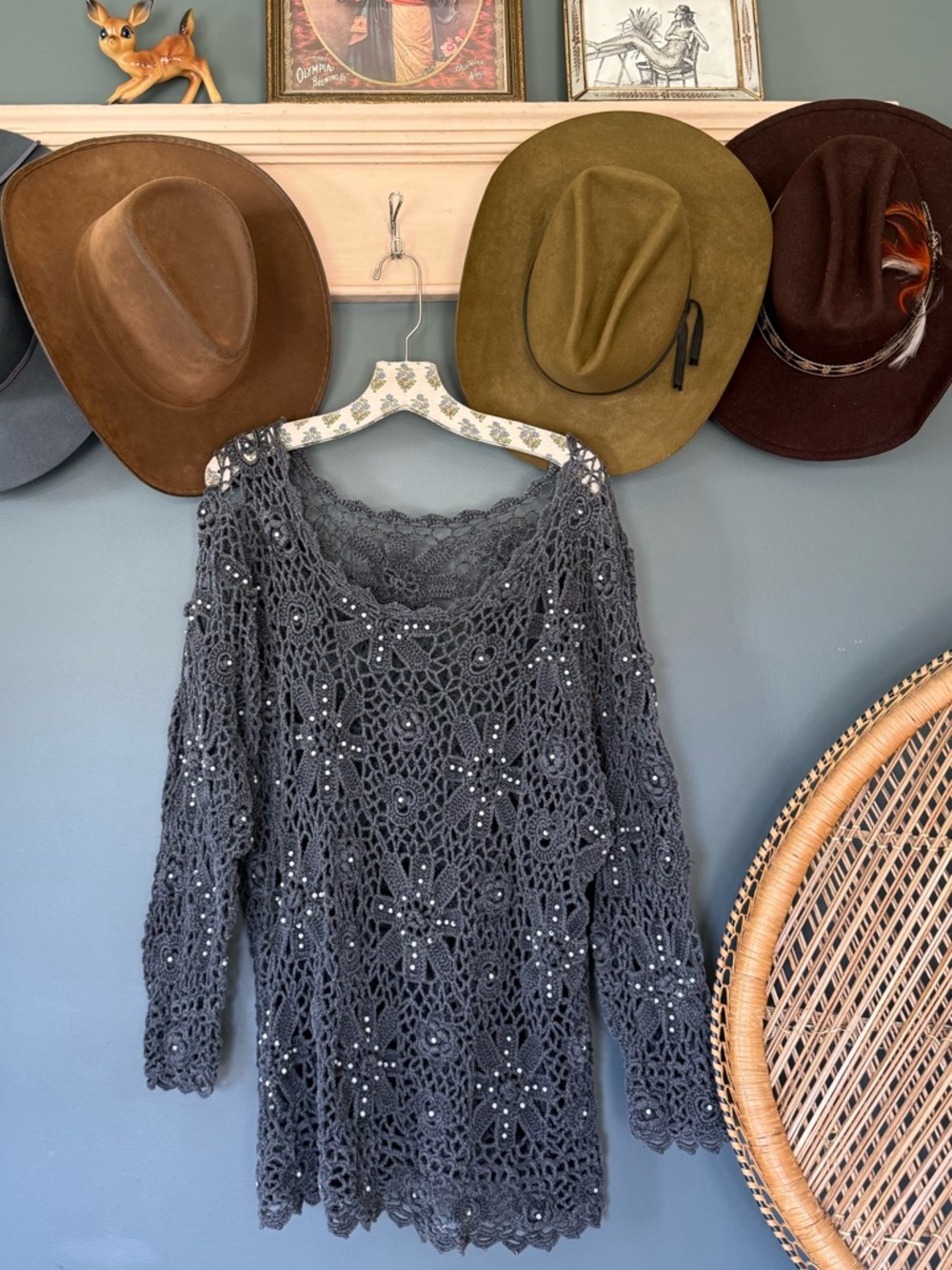 Blue Crochet Beaded Long Sleeve tunic sweater Top cover up